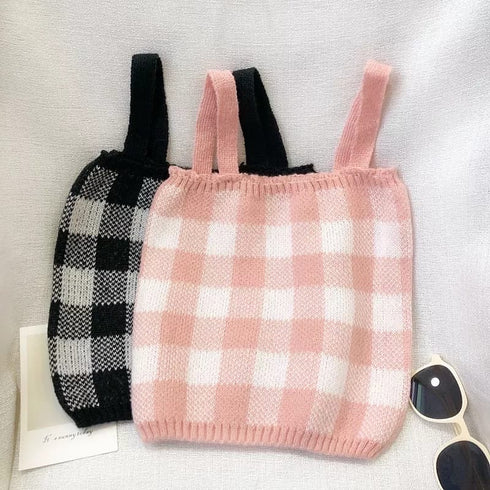 Fashion Versatile Contrast Checkered Knitted Two Piece Cardigan